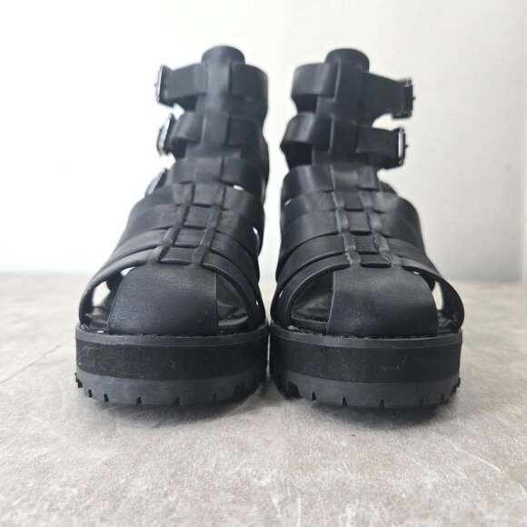 Aldo Fisherman Sandals Sz 7 Black Leather Grunge Goth Strappy Caged Chunky Lug - Picture 3 of 12